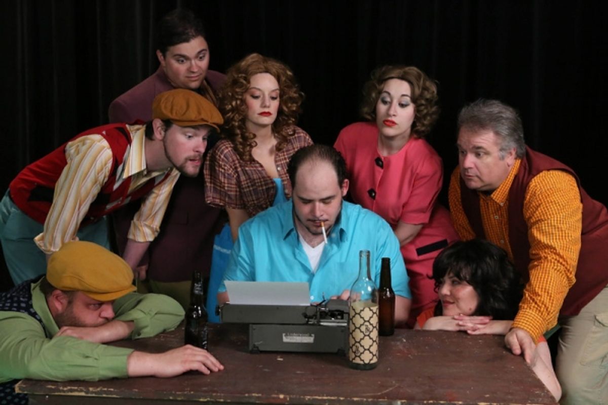 The cast of New Line Theatre's 'Bukowsical,' 2013. L-R, Nicholas Kelly (in front), Ryan Foizey, Christopher Strawhun (in back), Chrissy Young, Zachary Allen Farmer (as Charles Bukowski), Marcy Wiegert, Kimi Short, Joel Hackbarth. at 