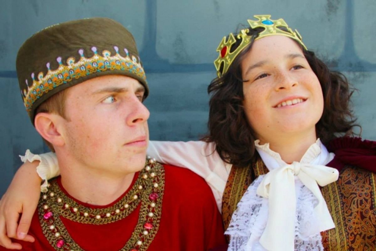 King Confort (Osric Holt - right) assures his astrologer Canard (Trevor Hart - left) that Canard will be honored to follow King Confort to his grave. Photo credit: Pamela Rector at 