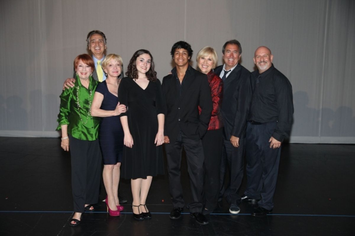 Judges pose with Grand Prize winners at The 2nd Annual Jerry Herman Awards at Pantages Theatre (From L to R): Nancy Dussault, John Bowab, Cathy Rigby, Grand Prize Winners Natalia Vivino from Santa Susana High & Anthony Nappier from Arcadia High, Kare at 