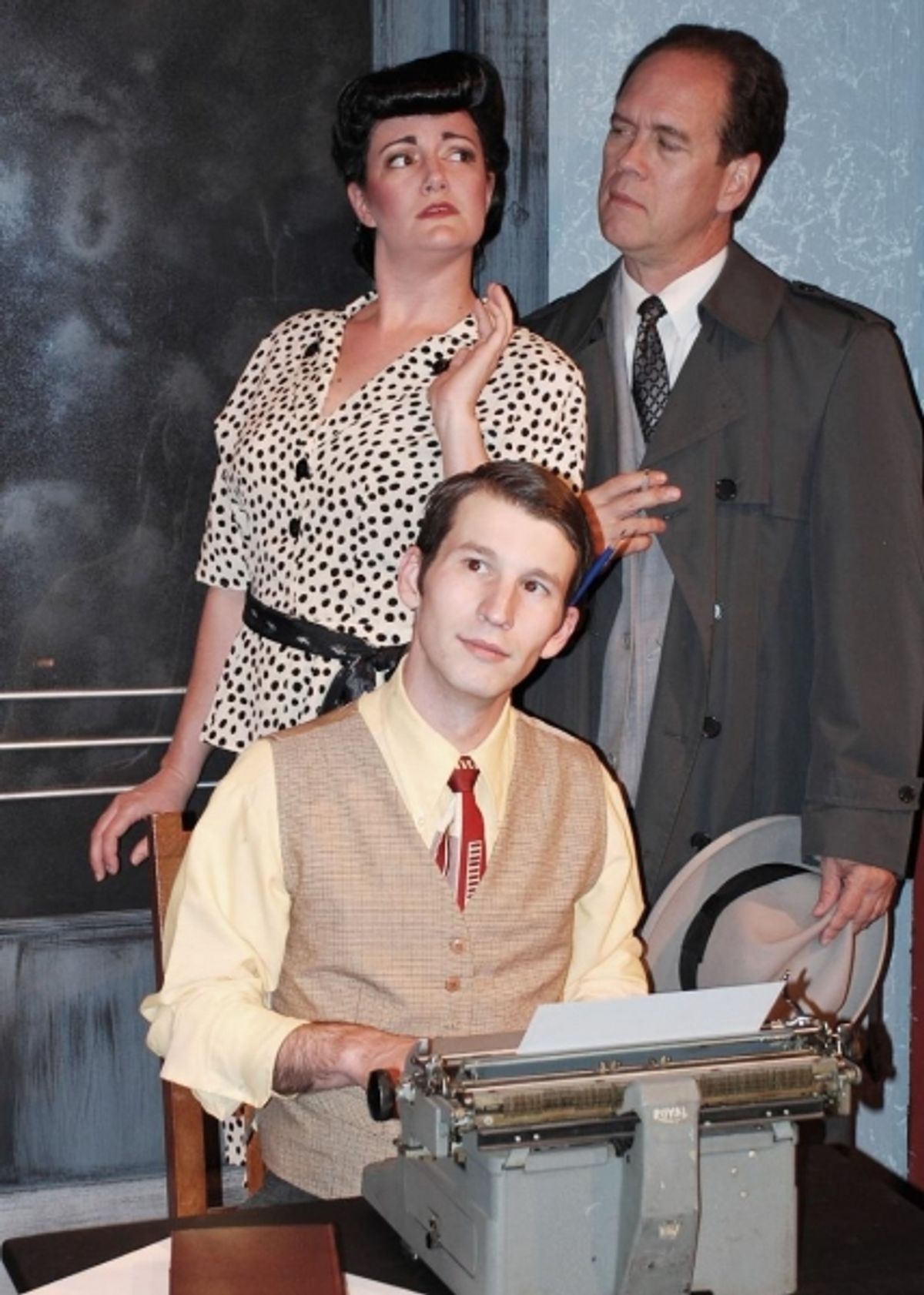 1940''s mystery novelist Stine (Scott Fleshood, front) is writing his first Hollywood screenplay based on Stone (back: Mark Kamish, R), his famous fictional detective, and his love interest Bobbi (back: Carrie Morgan, L)  at 