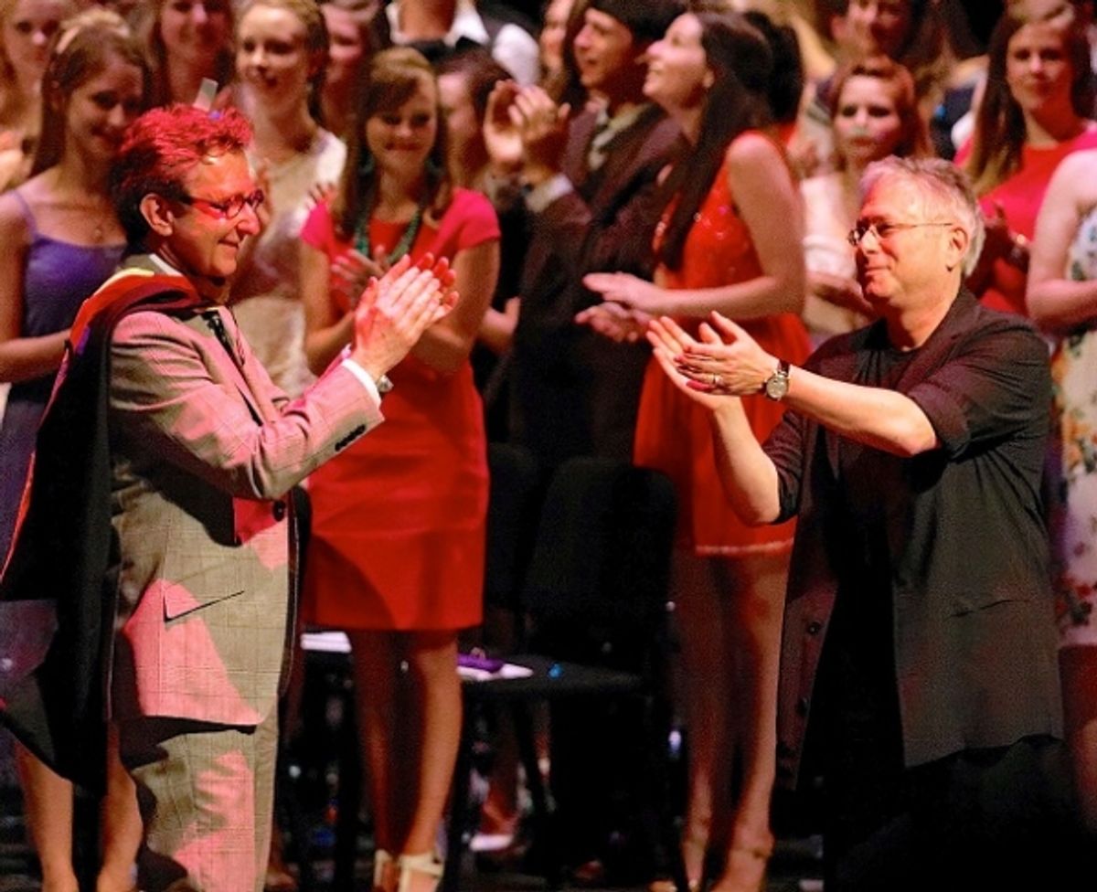 Thomas Schumacher, left, was guest speaker at the UNCSA high school commencement ceremony, and Alan Menken, right, serenaded the graduates. at 