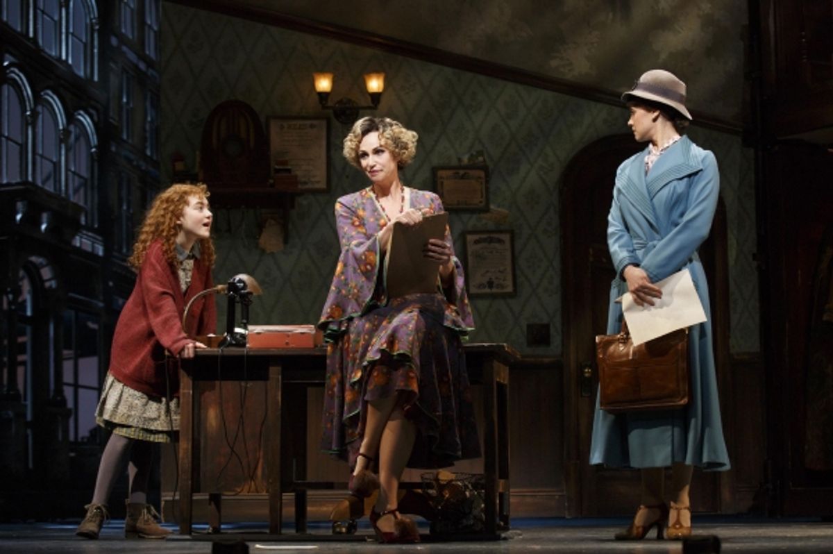 Lilla Crawford as Annie, Jane Lynch as Miss Hannigan and Brynn O''Malley as Grace Farrell at 