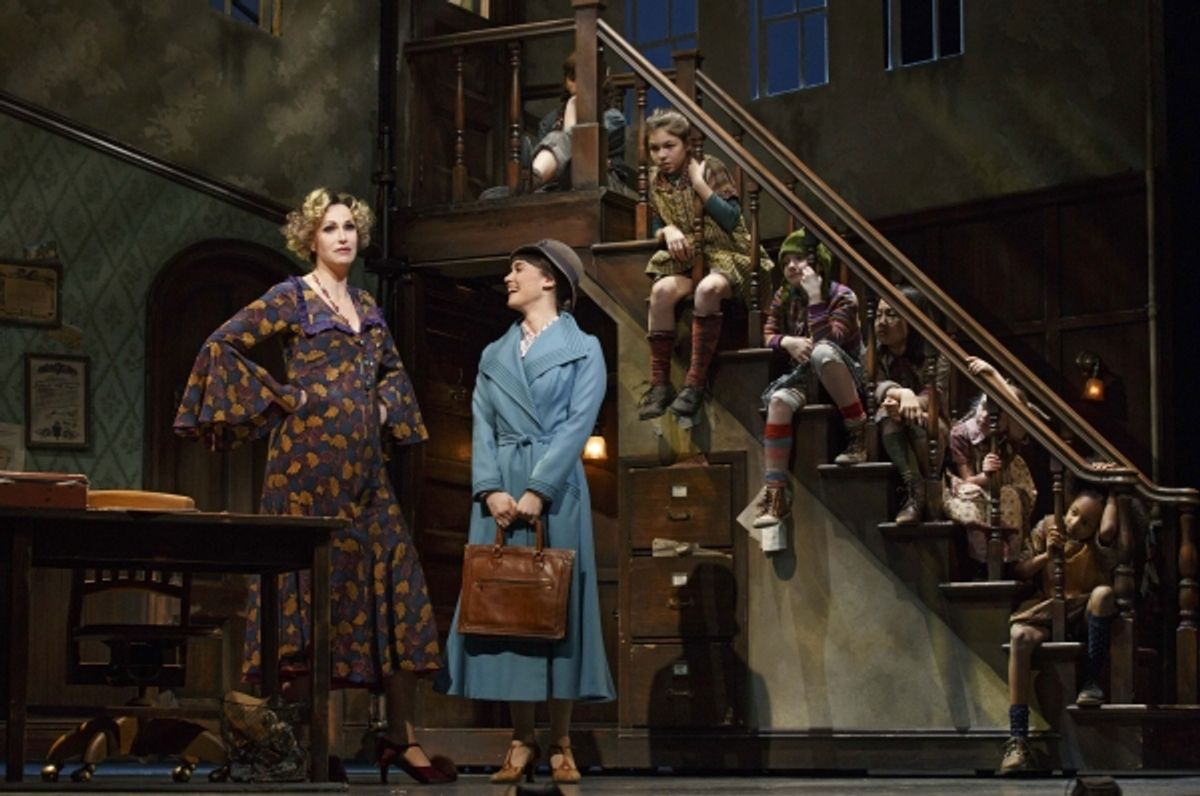 Jane Lynch as Miss Hannigan, Brynn O''Malley as Grace Farrell, with (l-r on stairs) Georgi James as Pepper, Madi Rae DiPietro as July, Taylor Richardson as Duffy, Junah Jang as Tessie, Emily Rosenfeld as Molly and Tyrah Skye Odoms as Kate at 