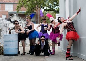 Burlesque-parody sketch comedy troupe “Off Off Broadzwayâ€Â, (L to R) Liz McArthur, Mary Spray, Landree Fleming, Jill Valentine, Mandy Whitenack and (Center) Kelly Bolton @ BroadwayWorld Burlesque-parody sketch comedy troupe “Off Off Broadzway‿ Photo