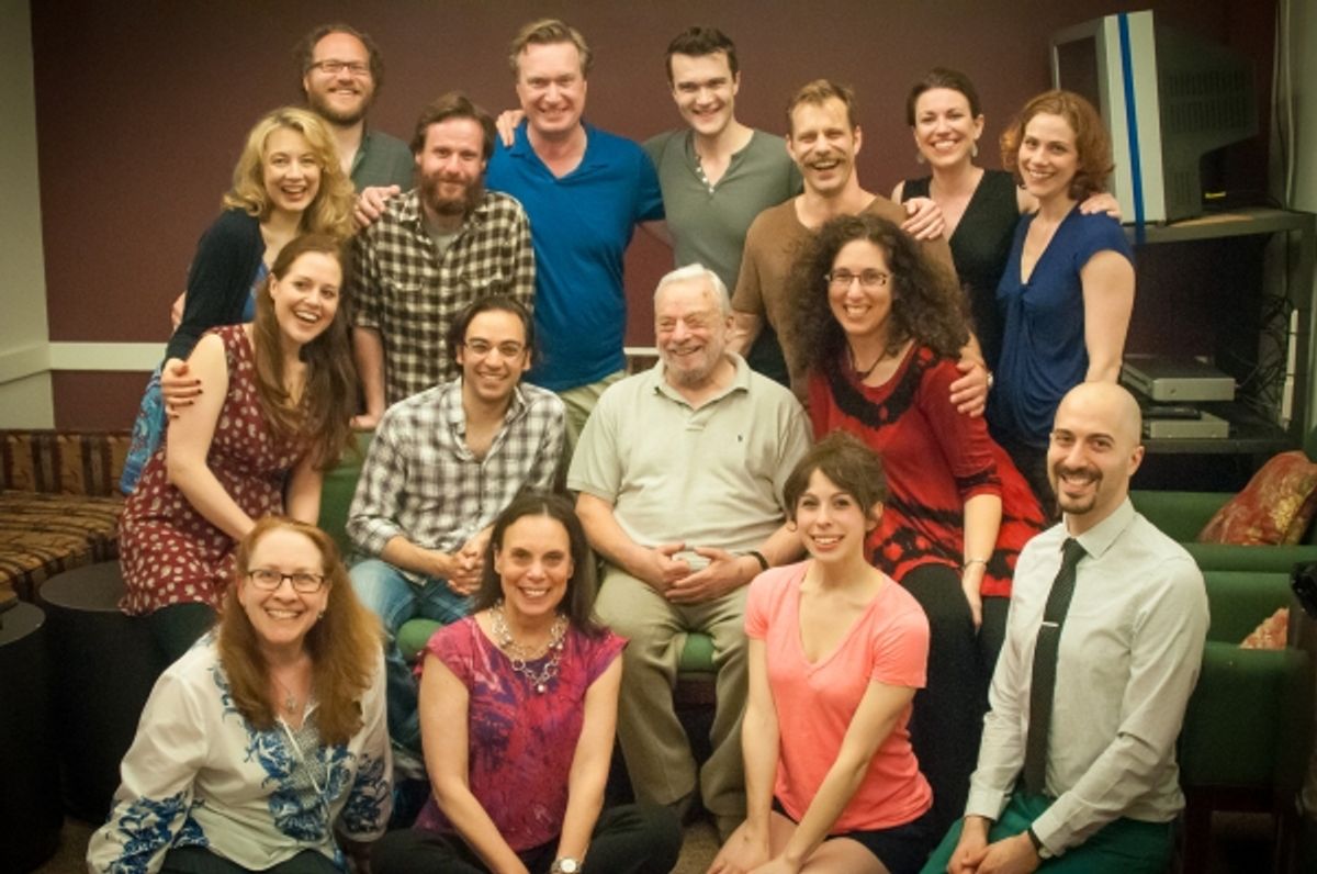 Top Row: Jennifer Mudge (cast), Andy Grotelueschen (glasses, cast), Paul L. Coffey (cast), Matt Castle (music director/pianist), Patrick Mulryan (cast), Noah Brody (Into the Woods co-director/Fiasco co-artistic director/cast), Liz Hayes (cast) and Jessie  at 
