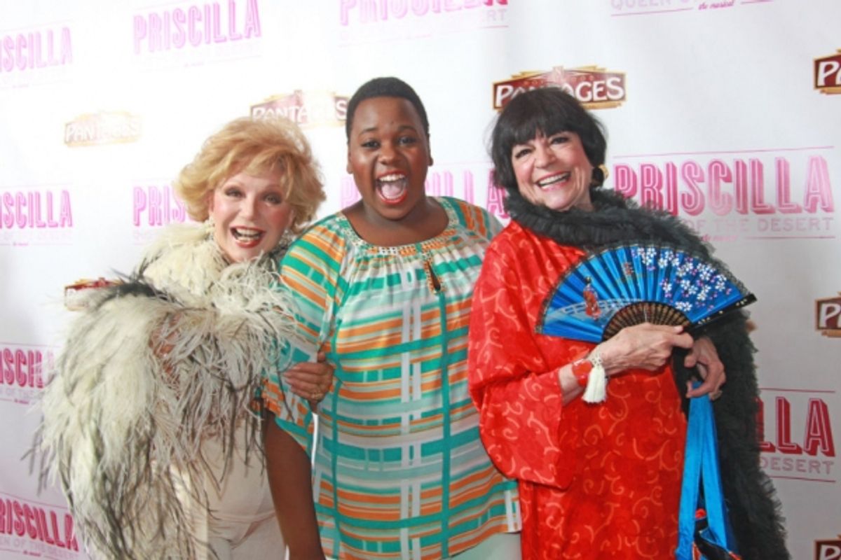 Ruta Lee and Jo Anne Worley enrobe with flair Alex Newell at 