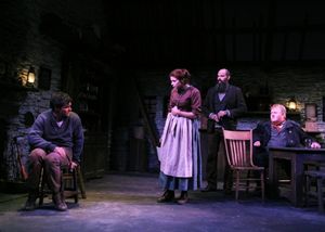 Michael A. Newcomer as Christy Mahon tells his harrowing tale to Izzie Steele as Pegeen, Patrick Toon as Philly Cullen and Michael Daly as Jimmy Farrell. @ BroadwayWorld Michael A. Newcomer as Christy Mahon tells his harrowing tale to Izzie Steele as Pege Photo