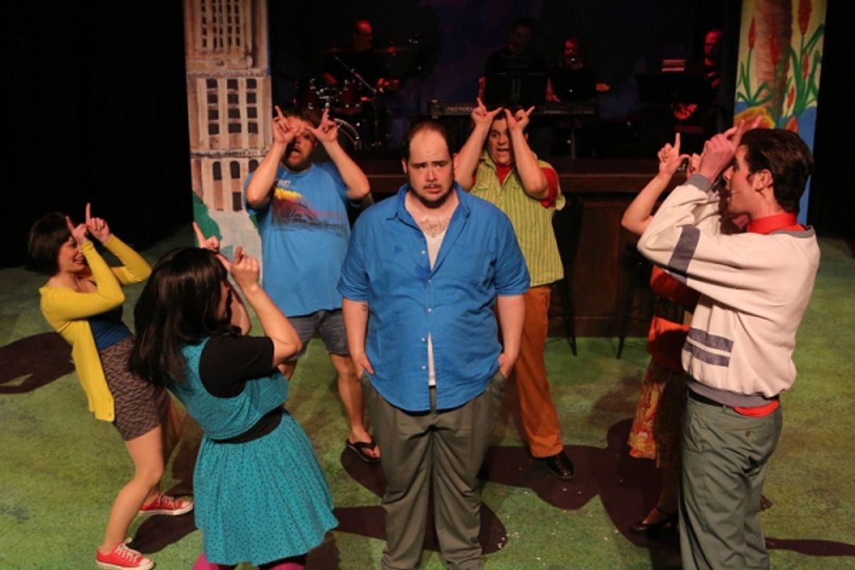 Zachary Allen Farmer (center) as Charles Bukowski, surrounded by the cast singing ''12 Steps of Love'' at 