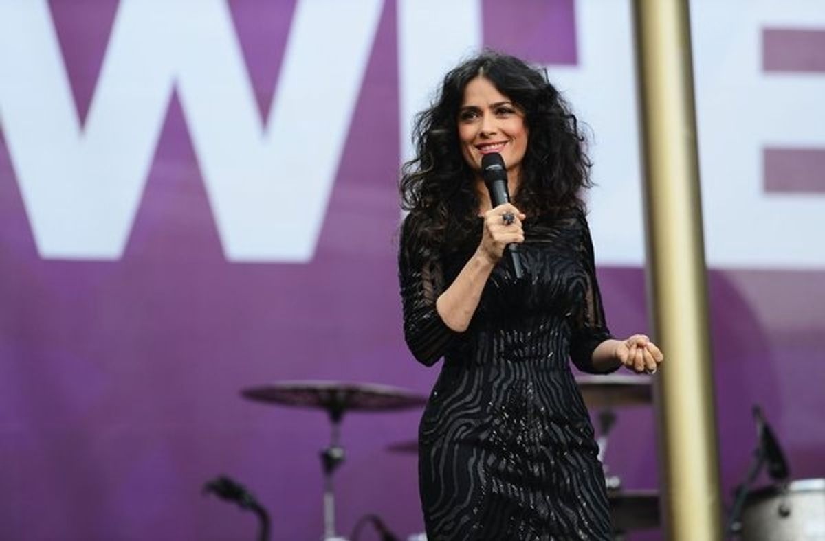 THE WOMEN''S CONCERT FOR CHANGE: LIVE FROM LONDON -- ''Chime For Change: The Sound Of Change Live'' Concert at Twickenham Stadium on June 1, 2013 in London, England -- Pictured: Co-Founder Salma Hayek-Pinault talks on stage -- (Photo by Ian Gavan/Getty Im at 