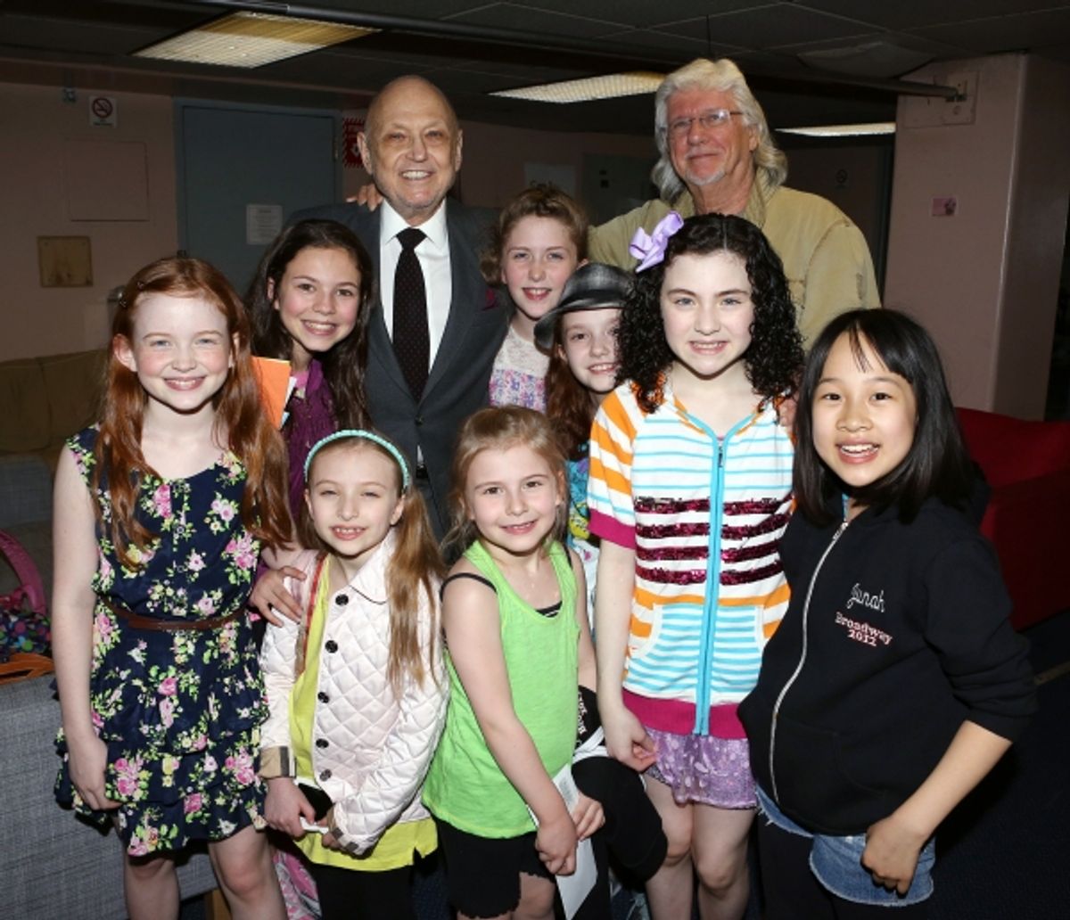 Charles Strouse, Martin Charnin, Lilla Crawford & the young cast members at 