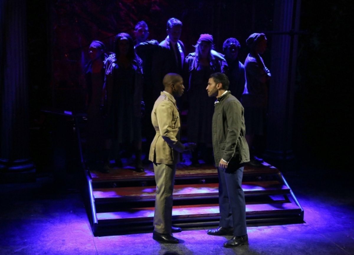 Leslie Odom Jr., Haaz Sleiman (center) and the cast of the Public Lab musical Venice, with book by Eric Rosen, music by Matt Sax, lyrics by Matt Sax and Eric Rosen, additional music by Curtis Moore, choreography by Chase Brock and directed by Eric Rosen,  at 