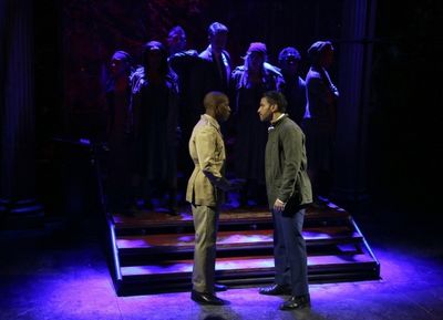 Leslie Odom Jr., Haaz Sleiman (center) and the cast of the Public Lab musical Venice, Photo