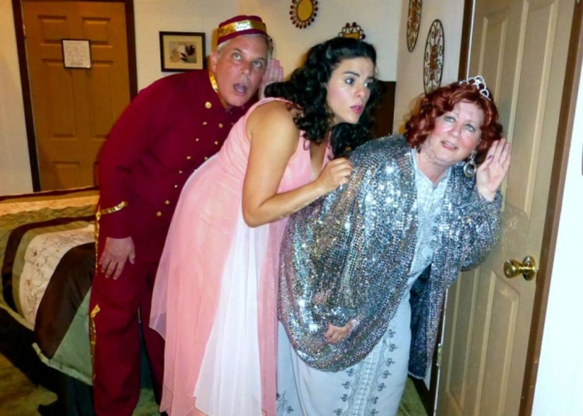 ''Do you hear anything,'' Maggie asks Julia as the Bellhop strains to hear too! (from left: Michael Willens, Samantha Barrios, Susan Goldman Weisbarth) at 