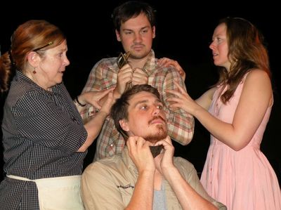 Jenny (Barbara Dell) and Rhonda (Samantha Walker) urge restraint as Rick (Matt Elliot Photo