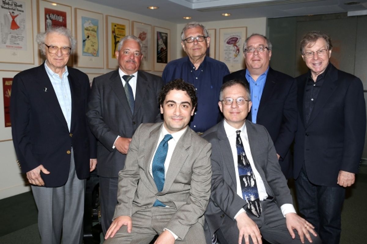 (clockwise from top left) Sheldon Harnick, Elliot Brown, Richard Maltby, Jr., Richard Terrano and Maury Yeston pose for photos with 2013 Kleban Prize winners, Daniel Mate and Alan Gordon  at 