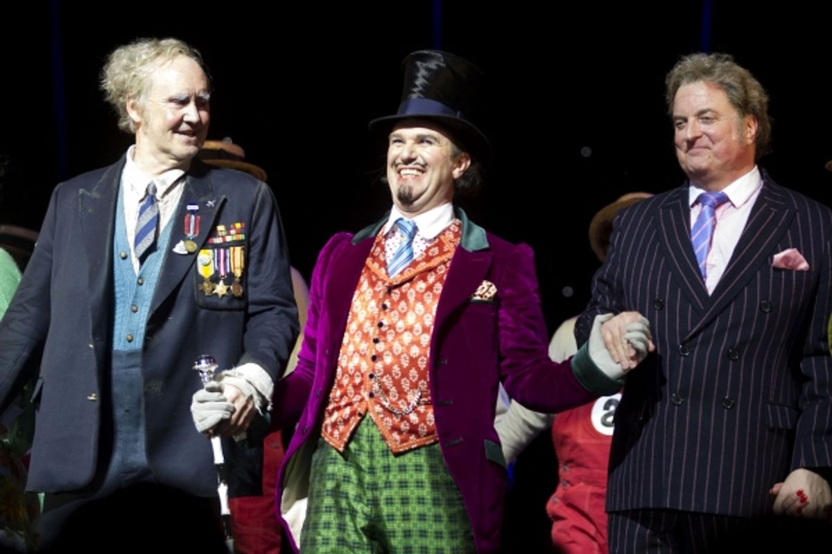 Nigel Planer (Grandpa Joe), Douglas Hodge (Willy Wonka) and Clive Carter (Mr Salt)' at 