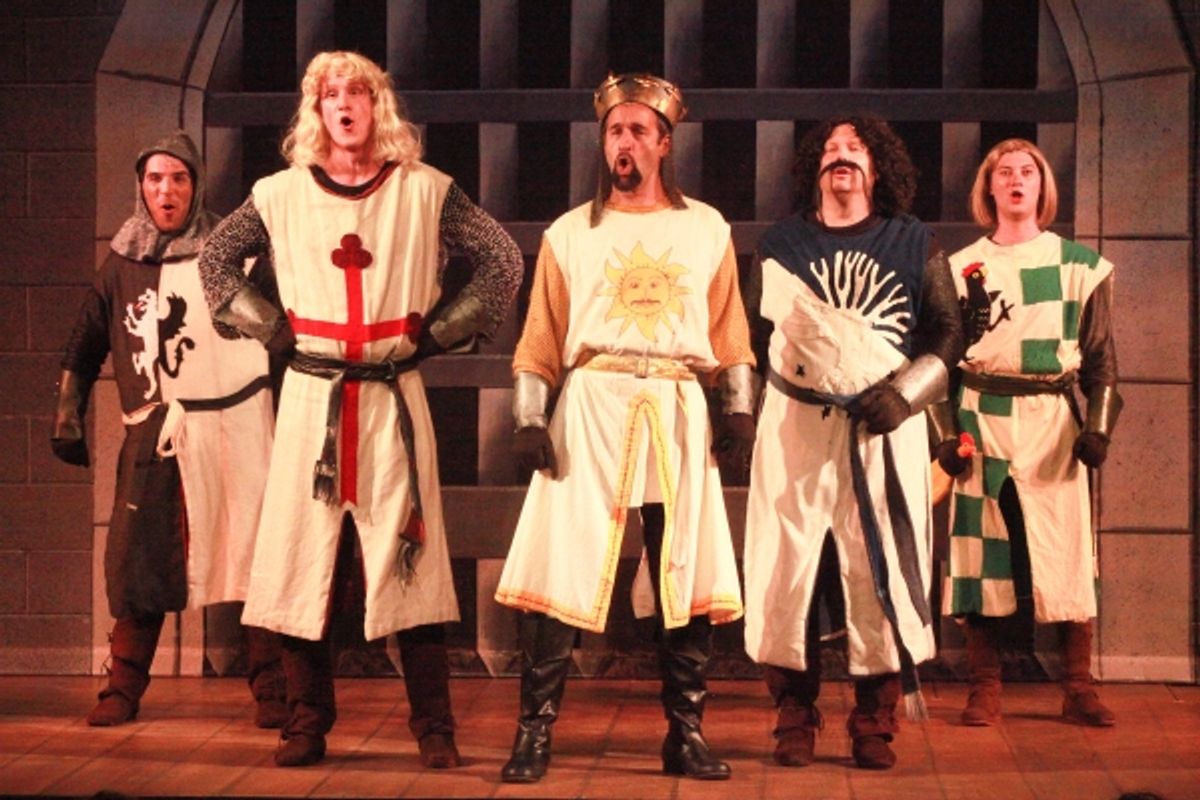 Brandon Cordeiro (Sir Lancelot), Stephen Ecklemann (Sir Galahad), Thomas Cannizzaro (King Arthur), Mark Devey (Sir Bedevere), and Jared Weiss (Sir Robin) at 