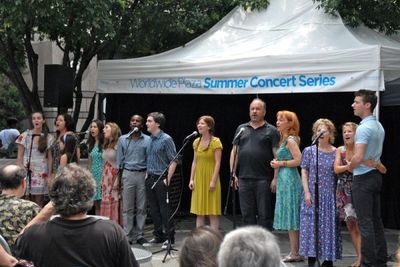 ALISON WOODS (center) with the cast of BEND IN THE ROAD Photo