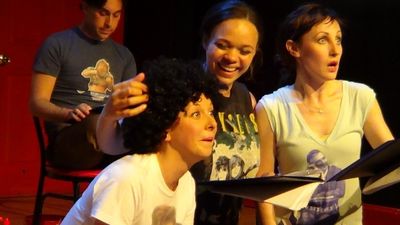 Patti Goettlicher as Dudley, Lexi Rhoades as Curly, and Kathy Searle as Arnold Photo