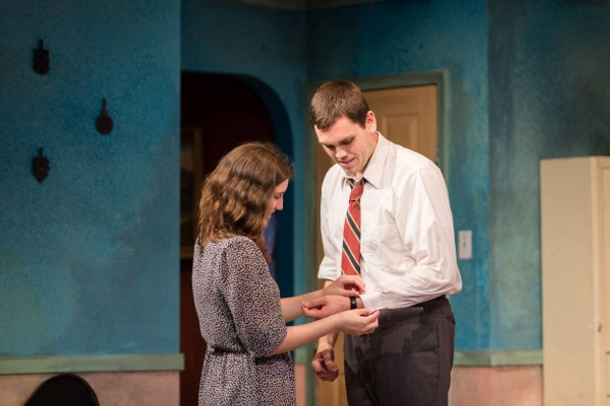 Babe (Holly Linneman) meets her criminal defense lawyer, Barnett (Pat Rounds), in Crimes of the Heart.
 at 