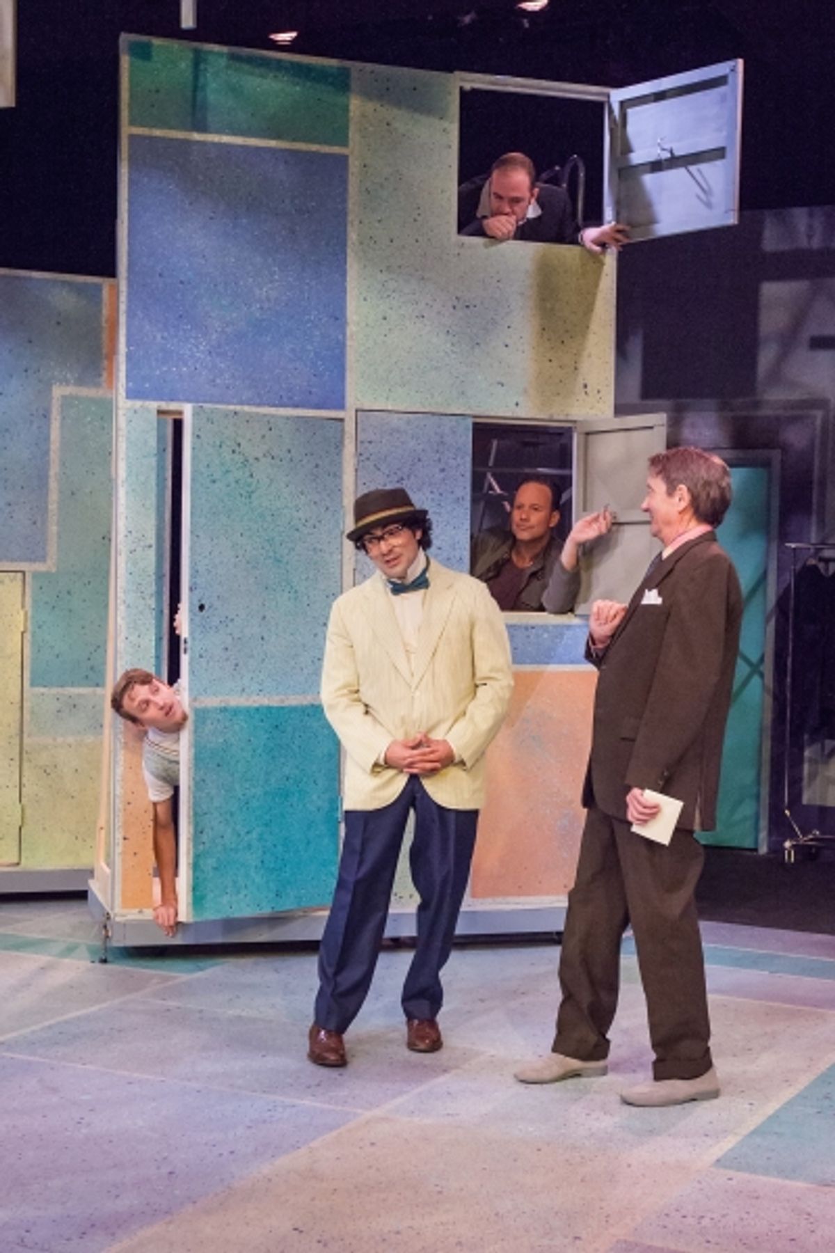 Nikolas Hoback (Grumio), Peter Platt (Lucentio), Sam Dinkowitz, top, (Hortensio), James Farmer (Petruchio), David Heath (Gremio) at 