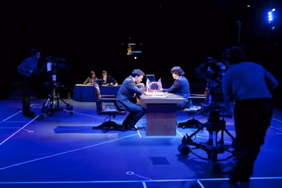 Hadley Fraser as Garry Kasparov and Kenneth Lee as Feng-Hsiung Hsu Photo