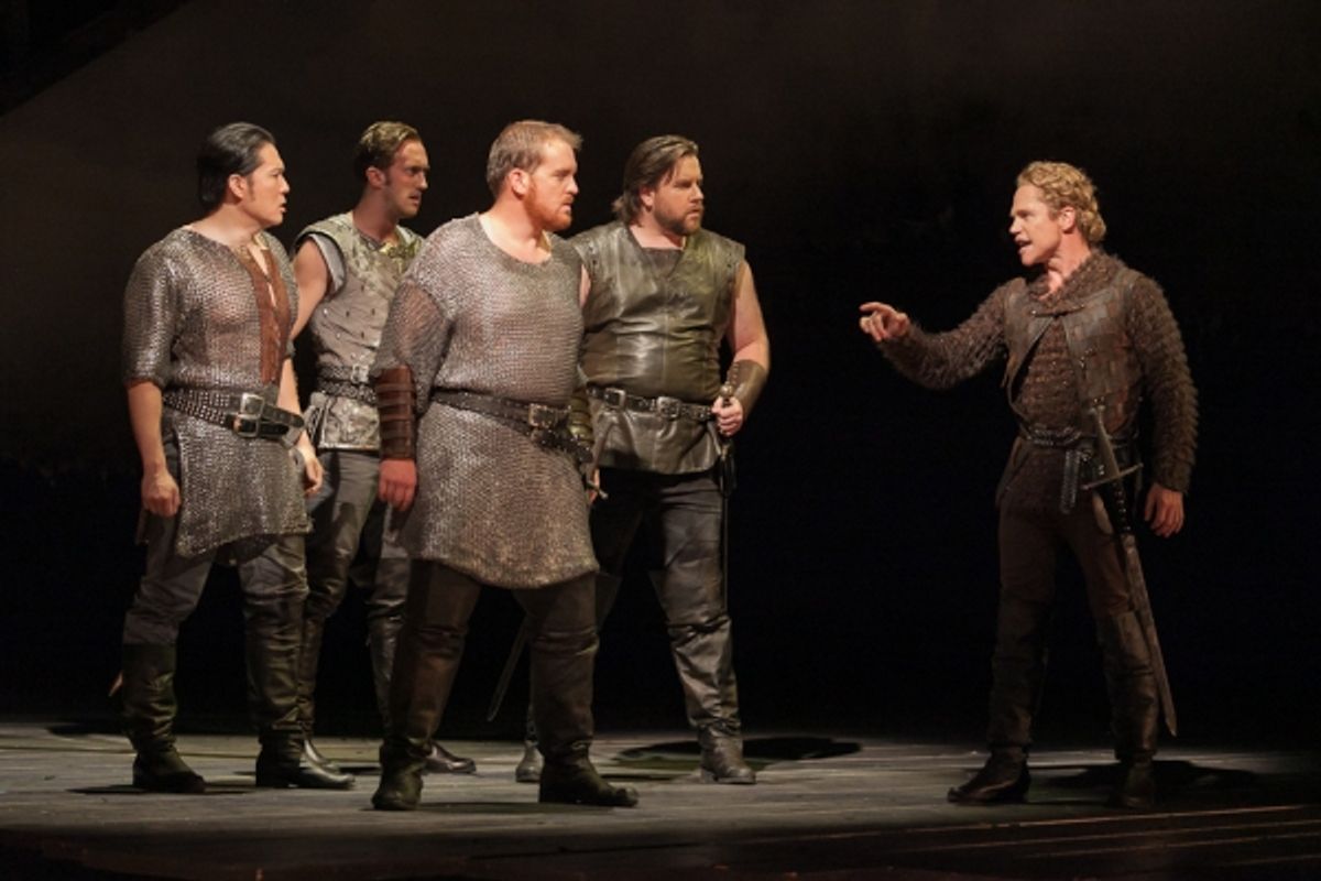 Wayne Hu as Sir Sagramore, ensemble member Danny Lindgren, Clay Hilley as Sir Dinaden, Noel Bouley as Sir Lionel and Jack Noseworthy as Mordred at 