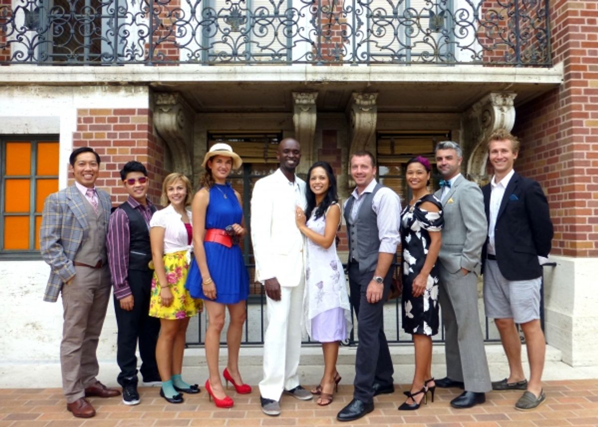 The cast of Oscar Wilde''s LADY WINDERMERE''S FAN (from left: Feodor Chin, Scott Keiji Takeda, Allie Jennings, Teri Reeves, Owiso Odera, Amielynn Abellera, Brian Staten, Tess Lina, Peter Wylie, and George Wyhinny) at 