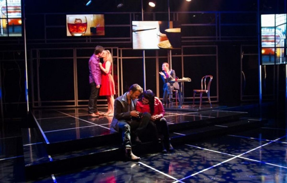 Danny and Makalo (Stephen Russell Murray and Carolyn Cole, foreground) share a quiet moment while things get intimate between Evan and Alison (James Gardiner and Erin Driscoll, background) under the watchful eye of Richard Riddle (Bobby Smith). at 