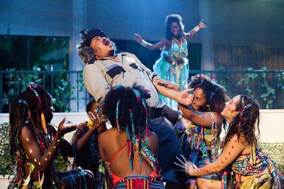 Anthony Vaughn Merchant (Bottom), center, is tended to by the fairies Mayaa Boateng 	(Cobweb), Jaylene Clark (Peaseblossom), Akilah Walker (Mote), Daisy Peele (1st Fairy) and Erica 	Camarano (Mustardseed). Zainab Jah (Titania) is in the background. at 