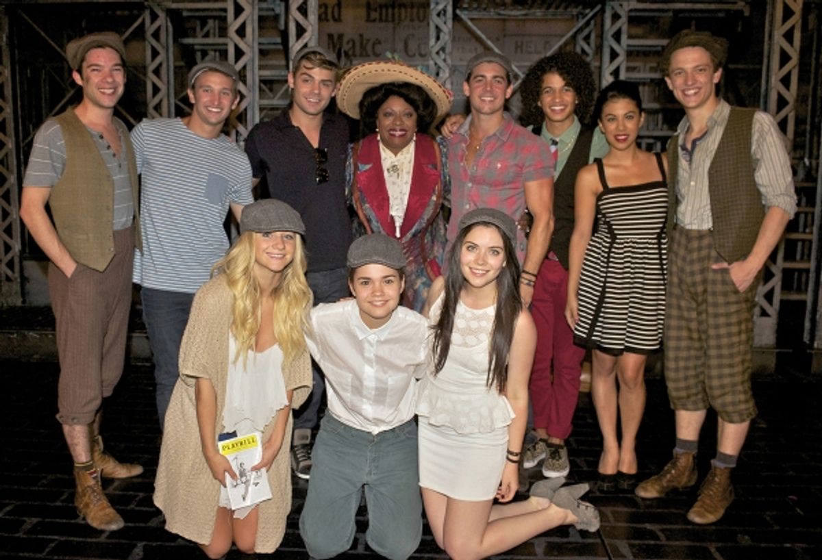 Stars of the highly anticipated ''Teen Beach Movie'' at New York''s Nederlander Theatre for a production of Tony Award-winning ''Newsies'' in which their co-star LaVon Fisher-Wilson also performs.  The highly anticipated Disney Channel Original Movie, a r at 
