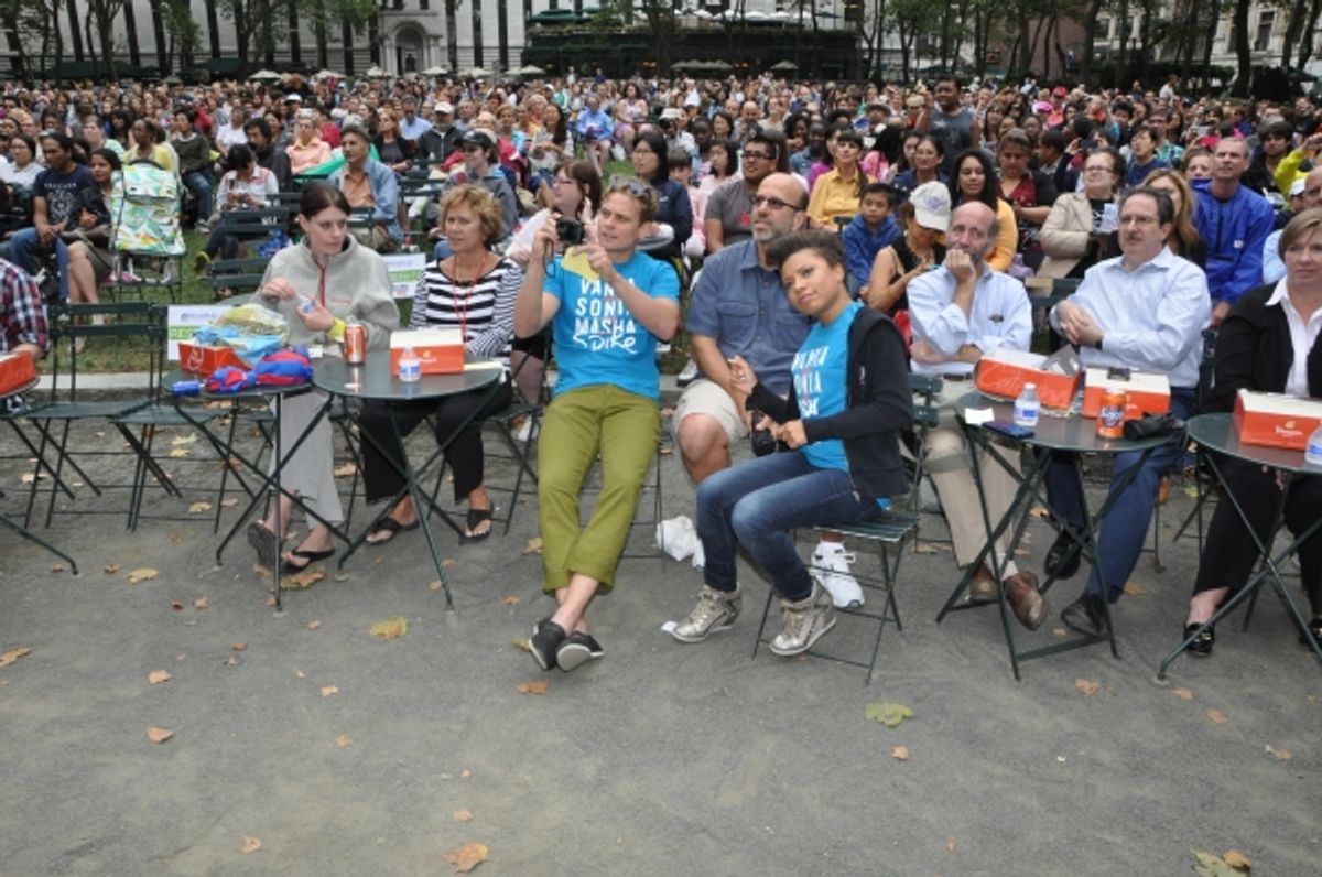 Billy Magnussen and Shalita Grant watching Rock of Ages perform at 