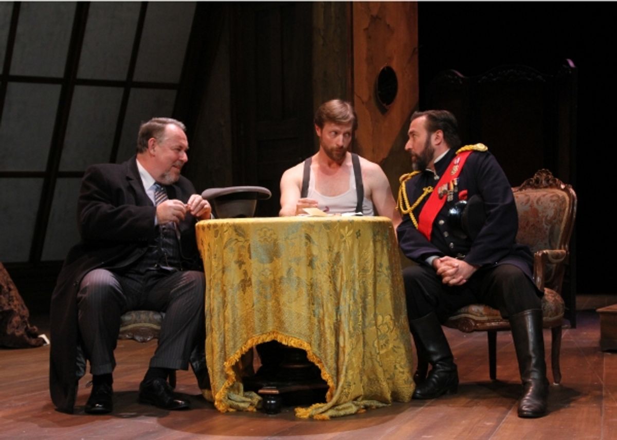 French banker Chauffourier-Dubieff played by Colin McPhillamy (left), and  Count FÃ'Â©odor Brekenski played by John Greenbaum (right) attempt to convince Prince MikaÃ'Â¯l Alexandrovitch Ouratieff played by Jon Barker (center) to give up his fortune. at 