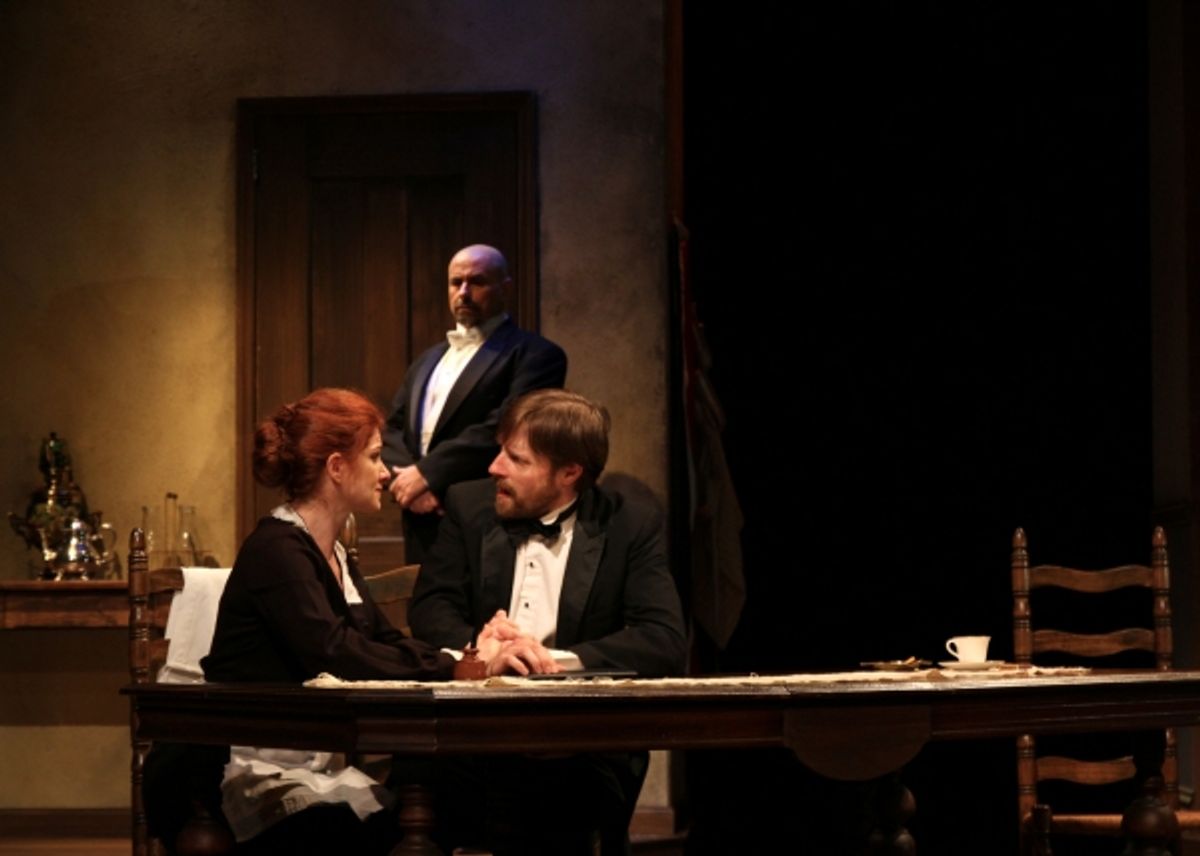 Having come face-to-face with Commissar Gorotchenko -- an old enemy who needs them -- played by Anthony Cochrane (rear), exiles Prince MikaÃ�'Â¯l Alexandrovitch Ouratieff played by Jon Barker and his wife, Grand Duchess Tatiana PÃ�'Âªtrovna played by Carly  at 