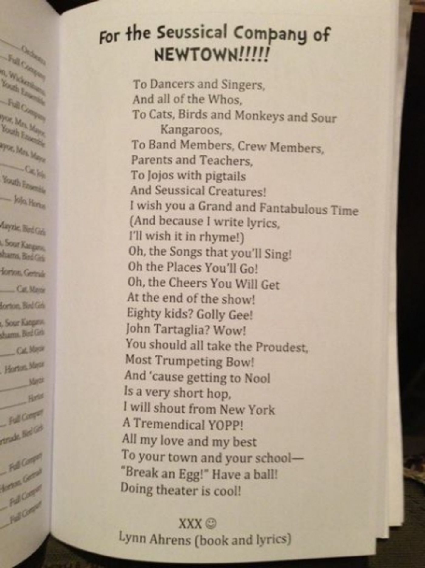 Photo Flash: Lynn Ahrens Leaves Special Message for Newtown's SEUSSICAL  Image