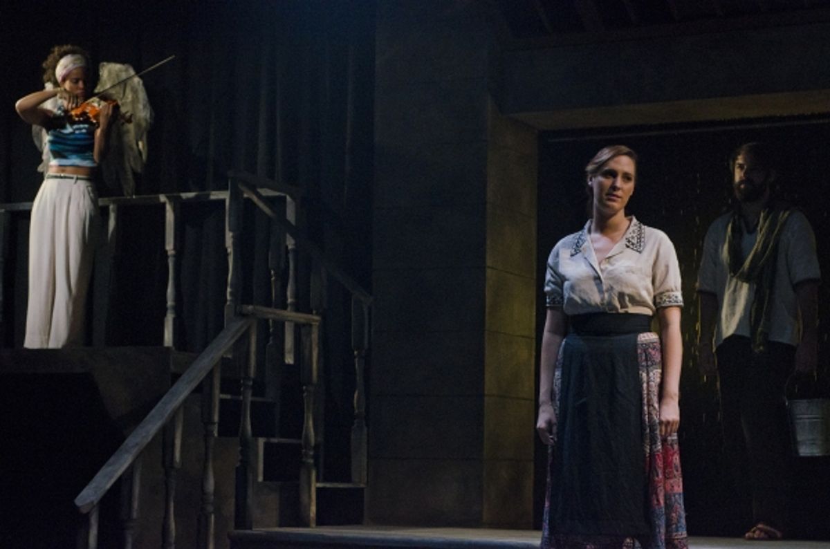 Pictured (left to right) are Britney Coleman as Gloria (on violin), Jessica Maynard as Henrietta Iscariot, and Aaron Seeburger as Jesus of Nazareth in The Last Days of Judas Iscariot. at 