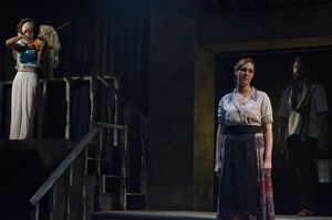 Pictured (left to right) are Britney Coleman as Gloria (on violin), Jessica Maynard as Henrietta Iscariot, and Aaron Seeburger as Jesus of Nazareth in The Last Days of Judas Iscariot. @ BroadwayWorld Pictured (left to right) are Britney Coleman as Gloria (on violin), Jessica Maynard a Photo