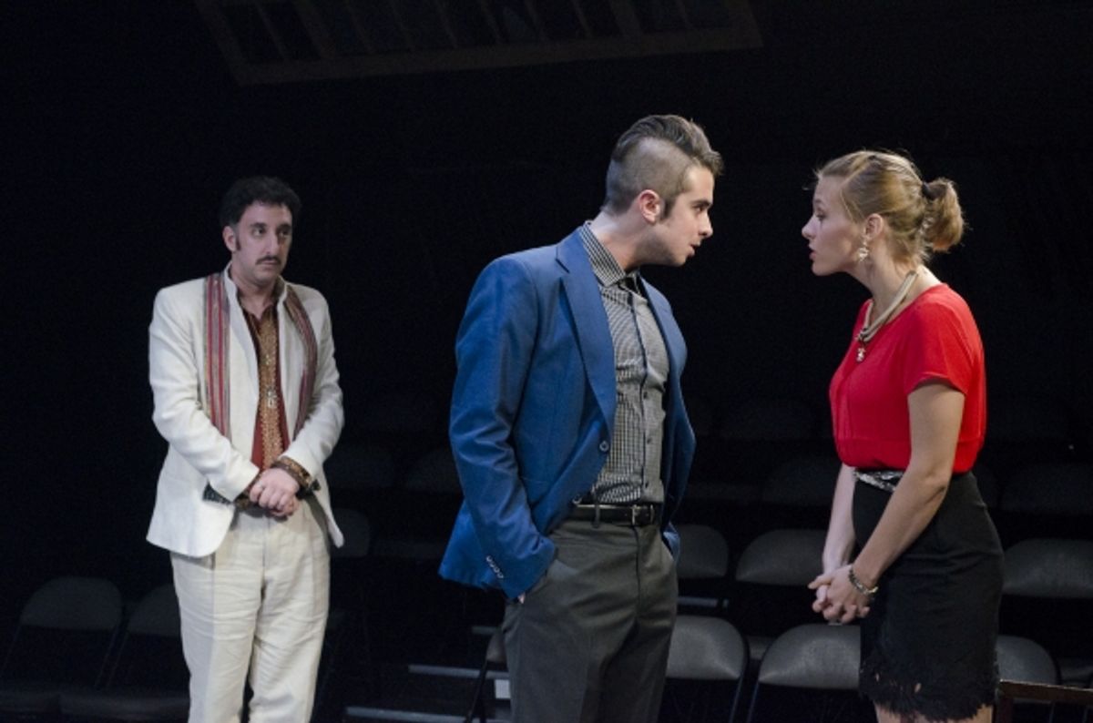 Daniel Strauss as Yusef El-Fayoumy, Joey Richter as Satan, and Alex Odell as Fabiana Aziza Cunningham in The Last Days of Judas Iscariot. at 