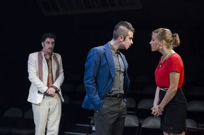 Daniel Strauss as Yusef El-Fayoumy, Joey Richter as Satan, and Alex Odell as Fabiana  Photo