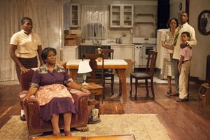 The Younger family: Beneatha (Mildred Marie Langford, from left), Lena (Greta Oglesby), Ruth (Toni Martin), Walter Lee (Jerod Haynes) and Travis (Oscar Vasquez III, pictured, who alternates the role with Alex Henderson). @ BroadwayWorld The Younger family: Beneatha (Mildred Marie Langford, from left), Lena (Greta Oglesby Photo