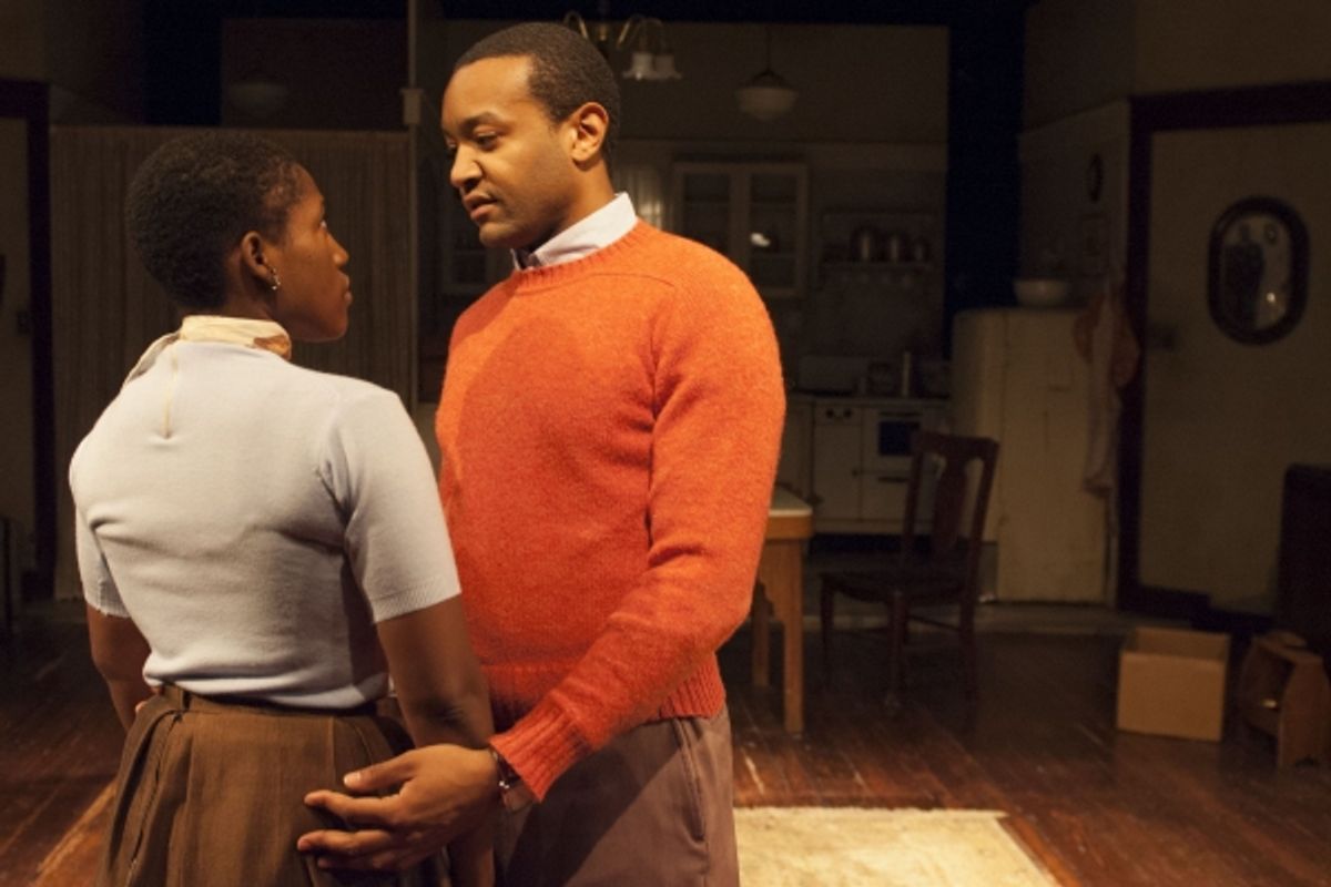 Beneatha Younger (Mildred Marie Langford, left) isn''t very open to the advances of her suitor George Murchison (Justin James Farley). at 