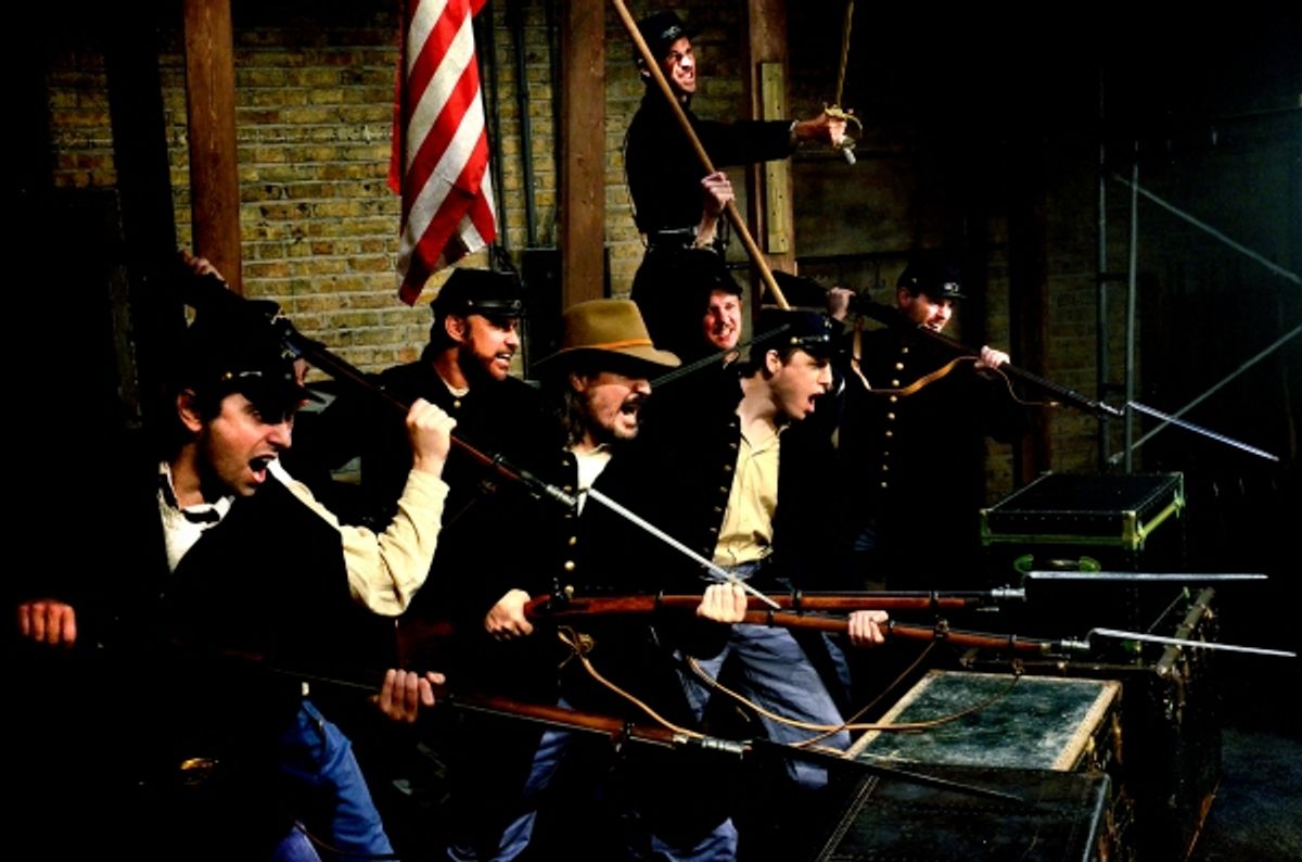 (Top) Michael McKeogh as Colonel Joshua Lawrence Chamberlain and (bottom, L to R) Matt Fletcher, Sean Sinitski, Tom Hickey, Niall McGinty, Zach Livingston, and Joe Flynn as Union soldiers at 