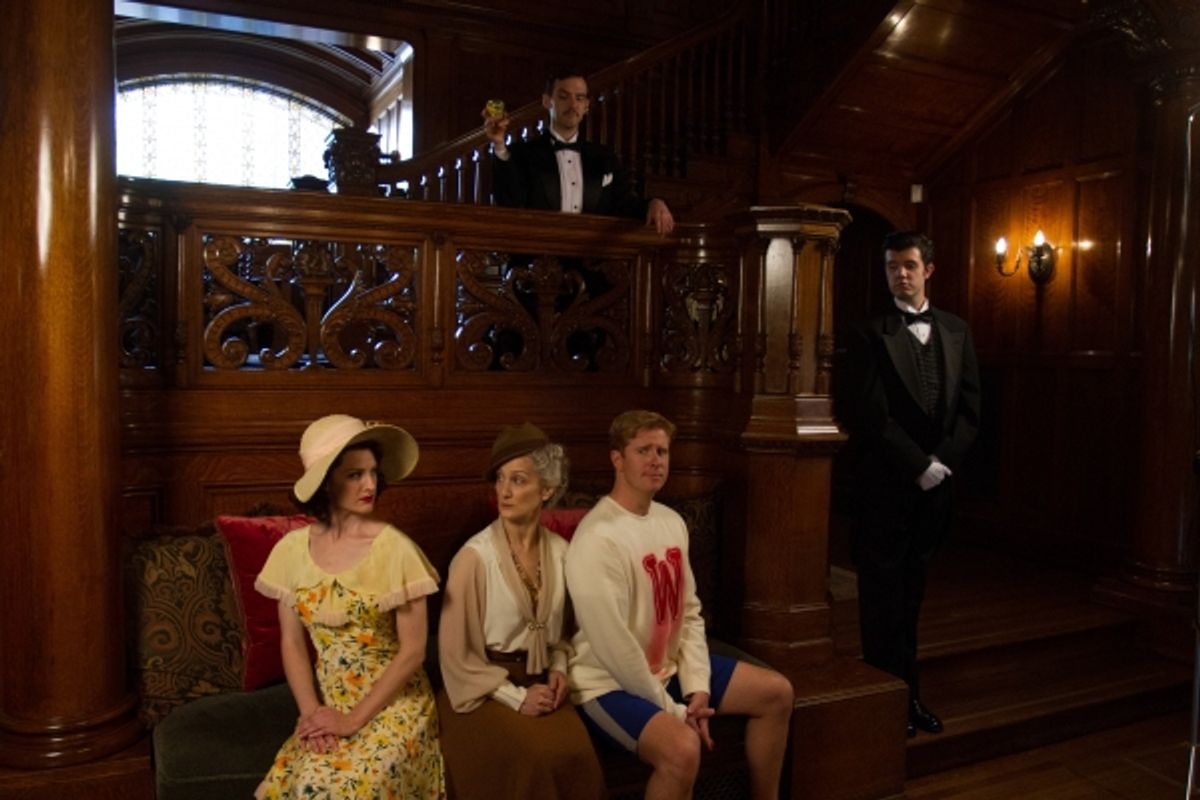 Joseph Medeiros (Nigel) and Jaron Barney (Clive). Seated: Tia Speros (Miss Tweed), Laura Hall (Hope) and Will Ray (Geoffrey).  at 