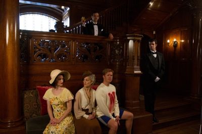 Joseph Medeiros (Nigel) and Jaron Barney (Clive). Seated: Tia Speros (Miss Tweed), La Photo