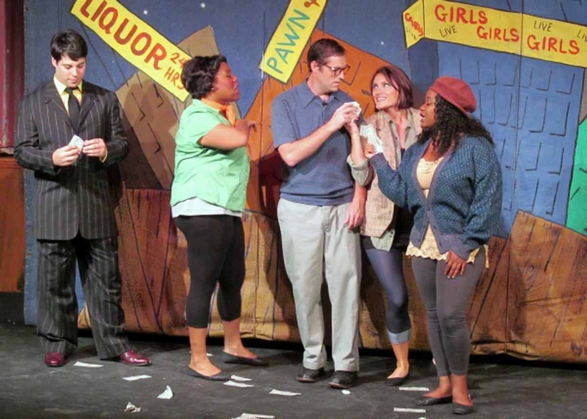 Skip Snip and the Doo Wop girls convince Seymour to take the money and get the fame he deserves. from left: Michael Sandidge, Brittney S. Wheeler, Brett Chapin, Amanda Majkrzak, Elizabeth Adabale at 