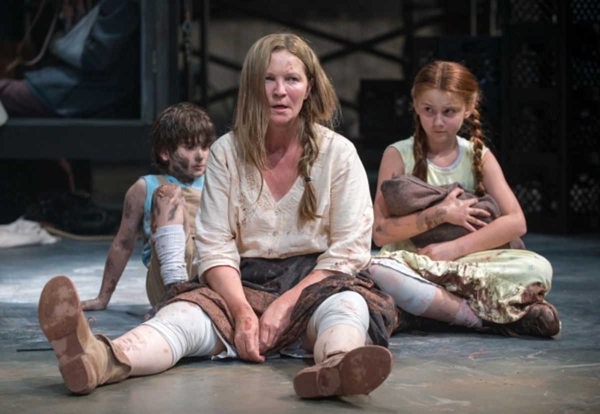 Beatriz (ensemble member Joan Allen, center) is exasperated by The Boy (Daniel Pass, left) and The Girl (Emma Gordon, right)  at 