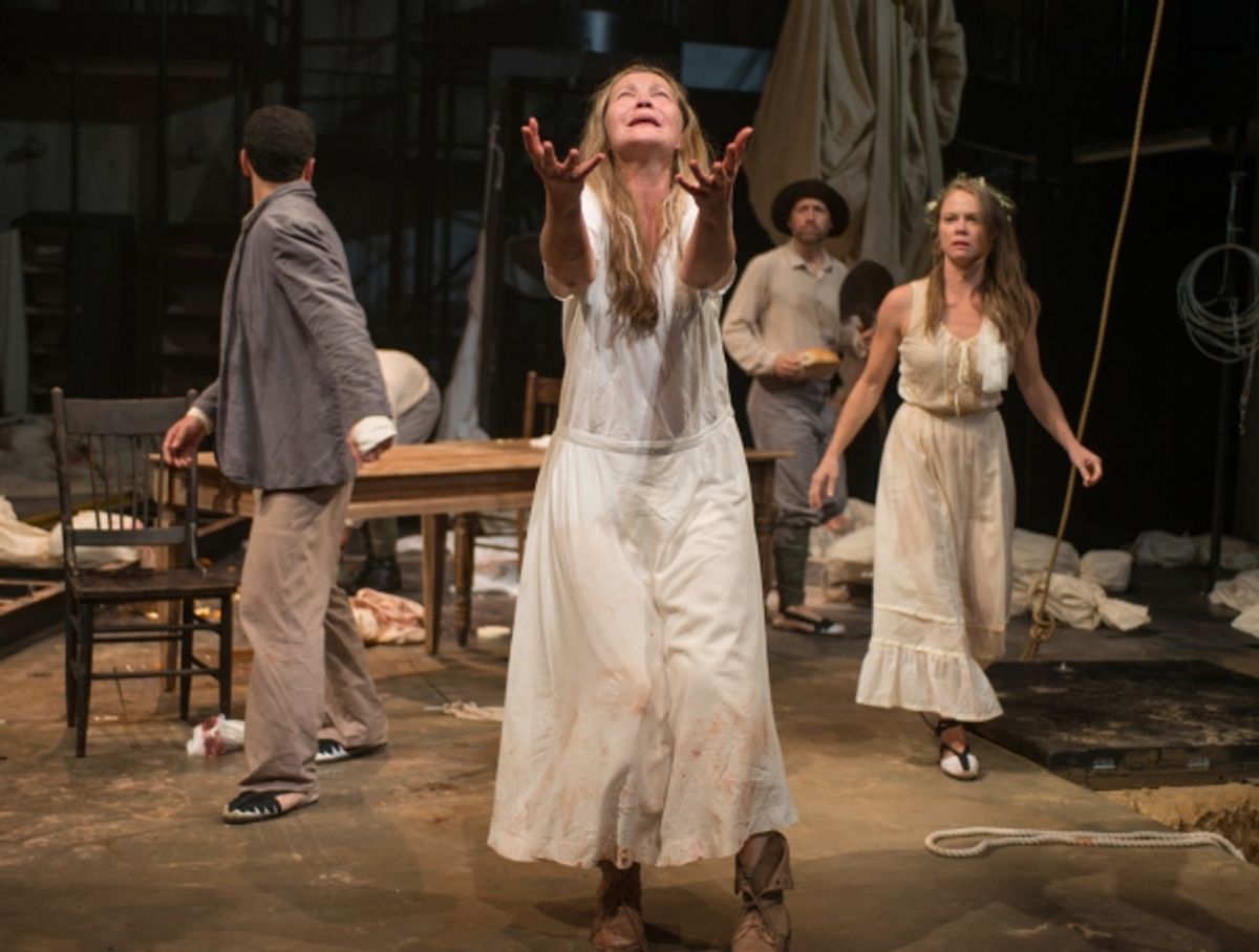Beatriz (ensemble member Joan Allen, center) pleads for the action to stop moving forward as (left to right) Tomas (Demetrios Troy), Colline (ensemble member Tim Hopper) and Rosa (Chaon Cross) look on at 