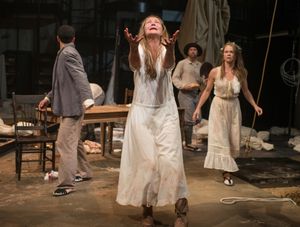 Beatriz (ensemble member Joan Allen, center) pleads for the action to stop moving forward as (left to right) Tomas (Demetrios Troy), Colline (ensemble member Tim Hopper) and Rosa (Chaon Cross) look on @ BroadwayWorld Beatriz (ensemble member Joan Allen, center) pleads for the action to stop moving for Photo