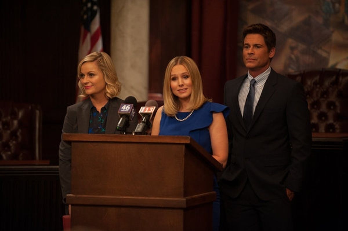 PARKS AND RECREATION -- ''The Pawnee-Eagleton Tip Off Classic'' Episode 603 -- Pictured: (l-r) Amy Poehler as Leslie Knope, Kristen Bell as Ingrid de Forest, Rob Lowe as Chris Traeger -- (Photo by: Colleen Hayes/NBC) at 