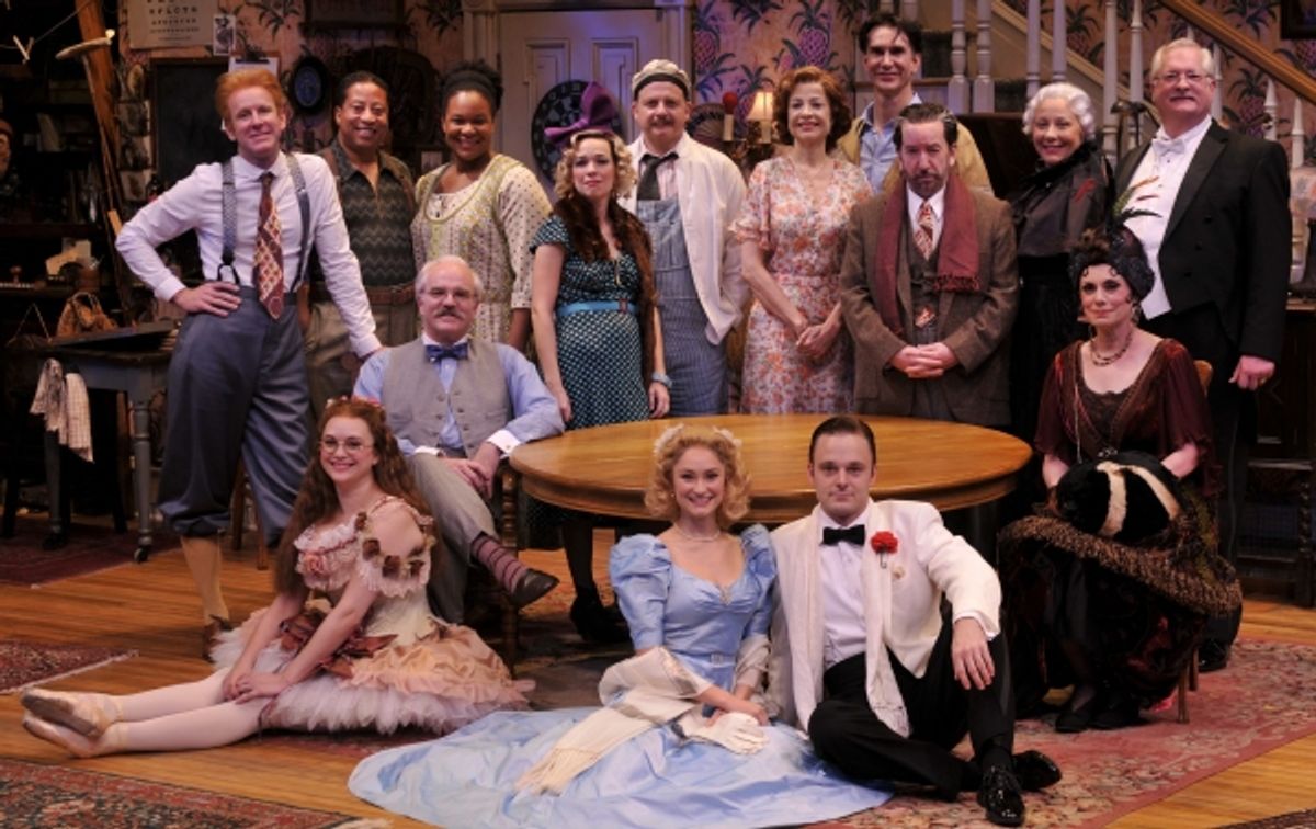 Melissa Pritchett as Essie, James Black as Martin Vanderhof, Emily Neves as Alice, Jay Sullivan as Tony Kirby and Alma Cuervo as Olga; (Back, Left to Right) Chris Hutchison as Ed, David Rainey as Donald, Jasmine Bracey as Rheba, Elizabeth Bunch as Gay Wel at 